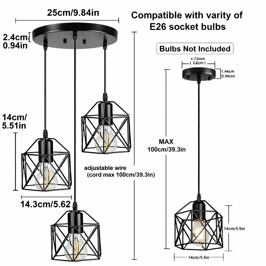 Industrial Geometric Pendant Light – 1 Head & 3 Head Ceiling Fixture - Glowonlite - Glowonlite
