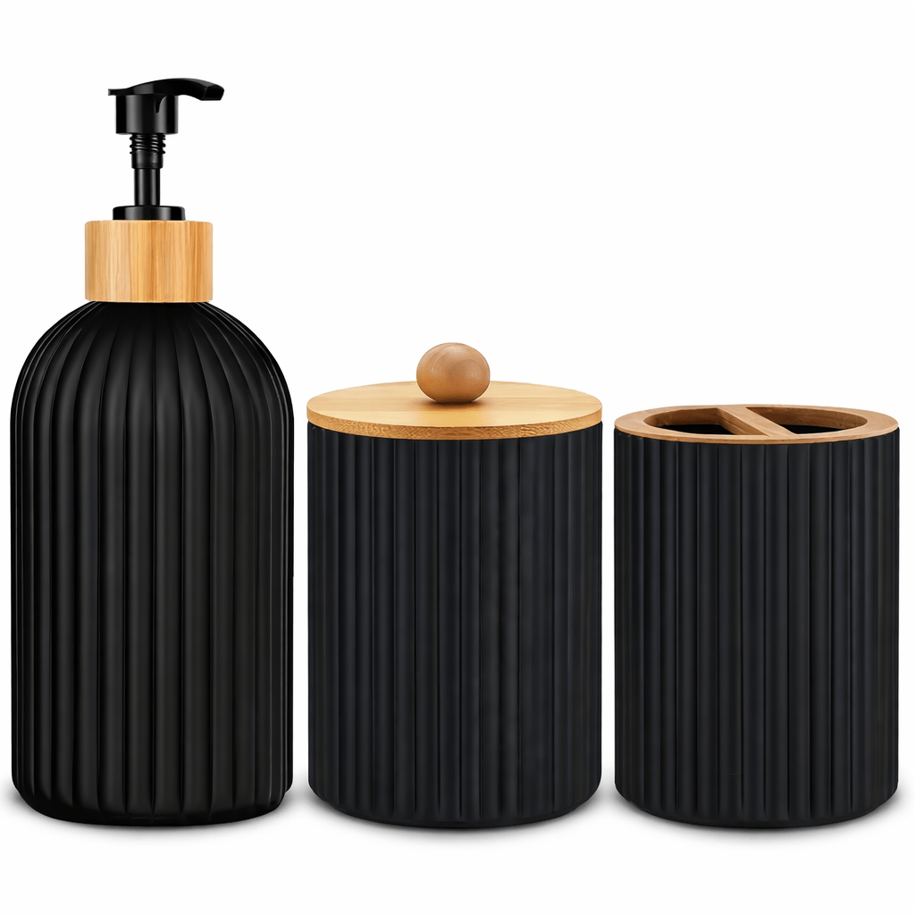 Luxury Ribbed Bathroom Accessory Set – Bamboo & Matte Finish (3 - Piece) - Glowonlite - Glowonlite