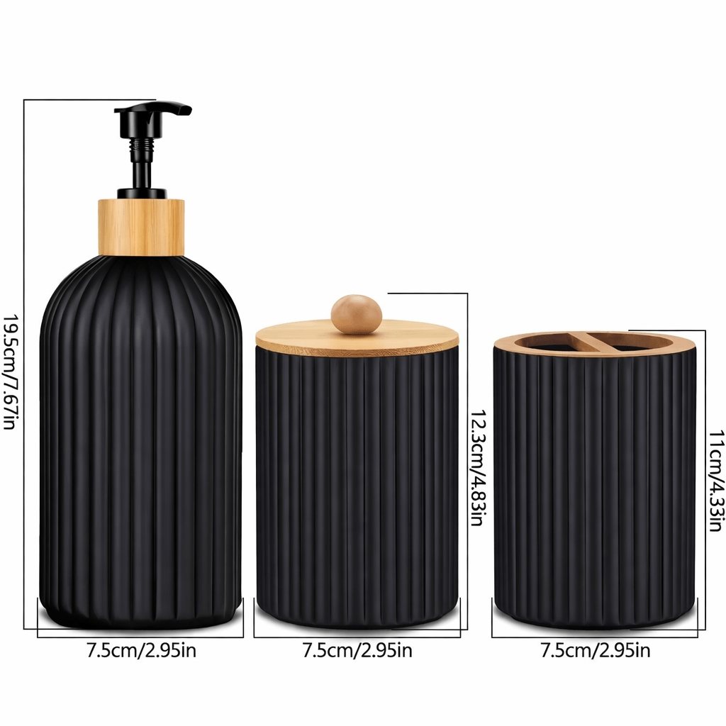 Luxury Ribbed Bathroom Accessory Set – Bamboo & Matte Finish (3 - Piece) - Glowonlite - Glowonlite