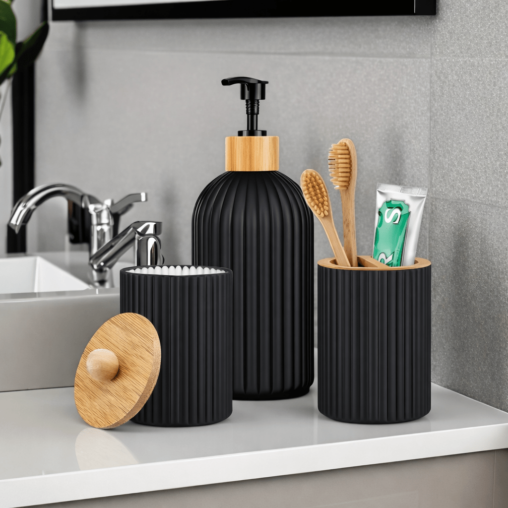 Luxury Ribbed Bathroom Accessory Set – Bamboo & Matte Finish (3 - Piece) - Glowonlite - Glowonlite