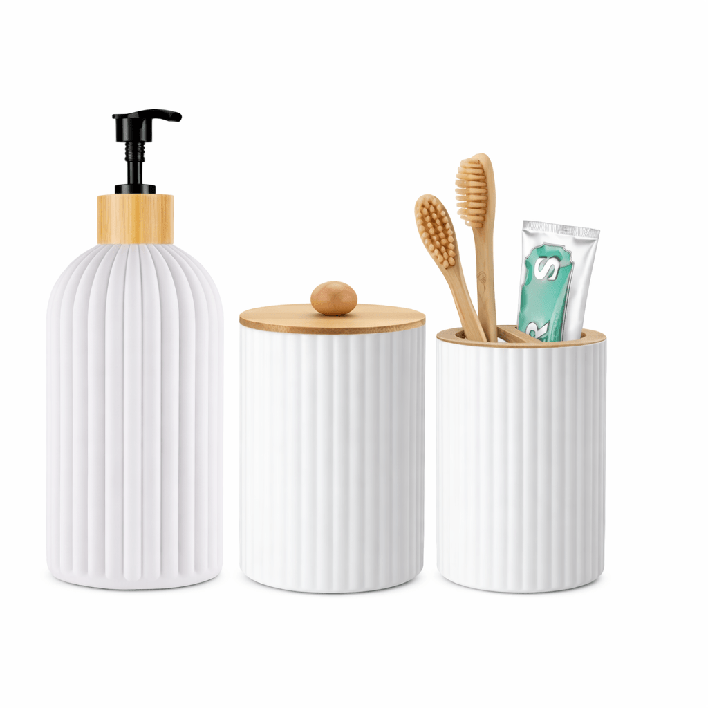 Luxury Ribbed Bathroom Accessory Set – Bamboo & Matte Finish (3 - Piece) - Glowonlite - Glowonlite