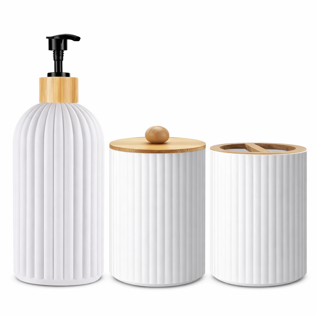 Luxury Ribbed Bathroom Accessory Set – Bamboo & Matte Finish (3 - Piece) - Glowonlite - Glowonlite