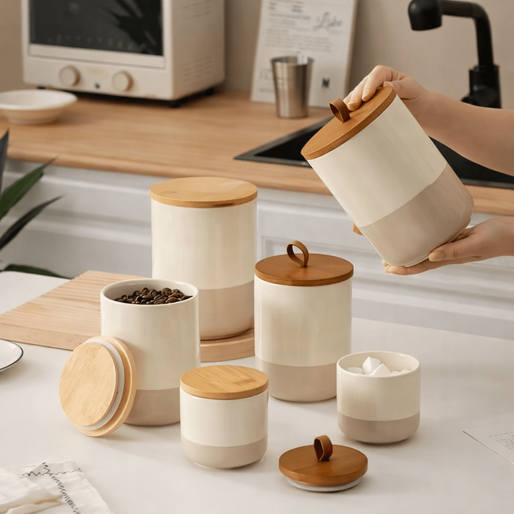 Minimalist Ceramic Storage Canister Set with Wooden Lid (Airtight | 3 Sizes) - Glowonlite - Glowonlite