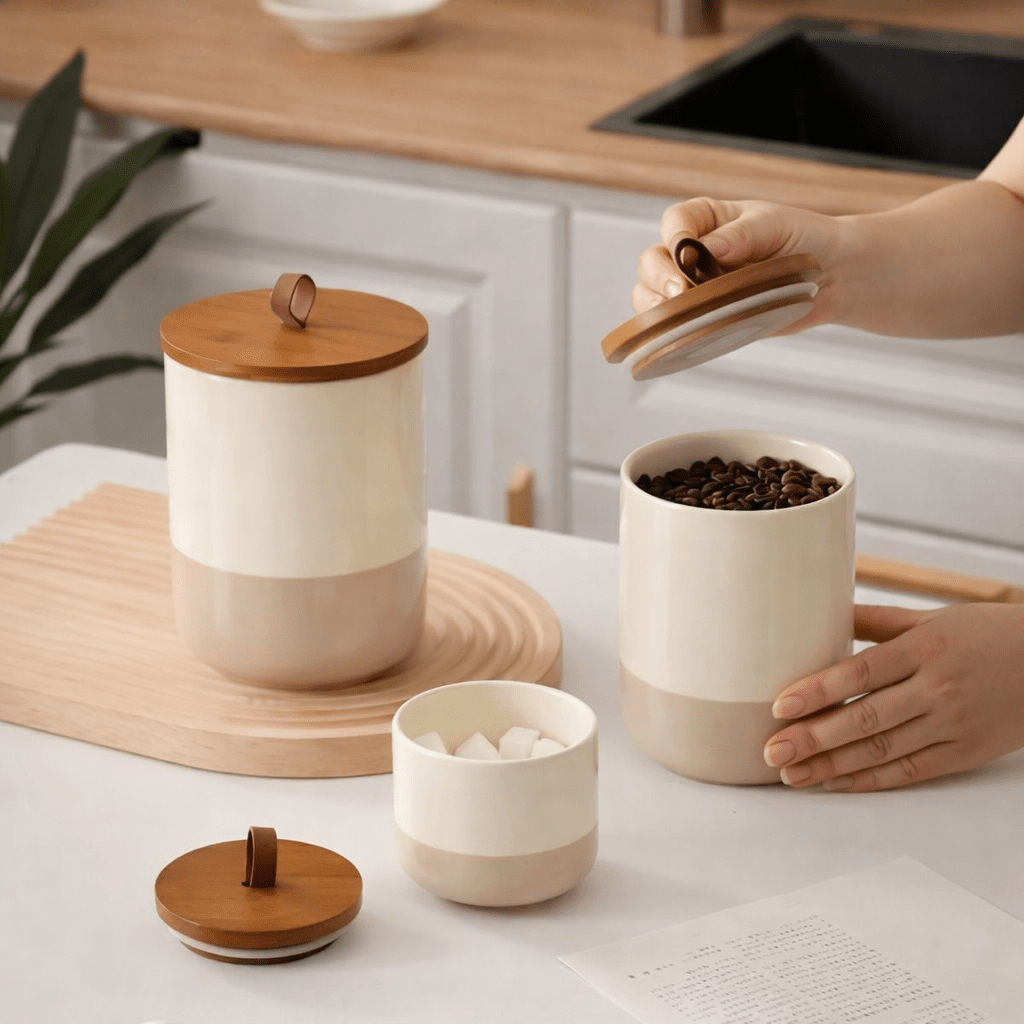 Minimalist Ceramic Storage Canister Set with Wooden Lid (Airtight | 3 Sizes) - Glowonlite - Glowonlite