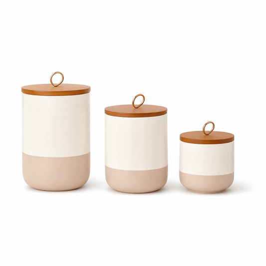Minimalist Ceramic Storage Canister Set with Wooden Lid (Airtight | 3 Sizes) - Glowonlite - Glowonlite