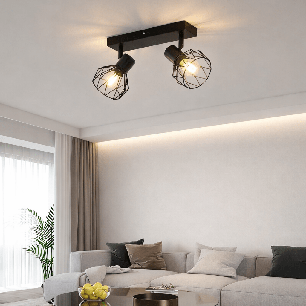 Modern Industrial 2 - Head Adjustable Ceiling Light – Black Metal Cage Design (E14 Socket) - Glowonlite - Glowonlite