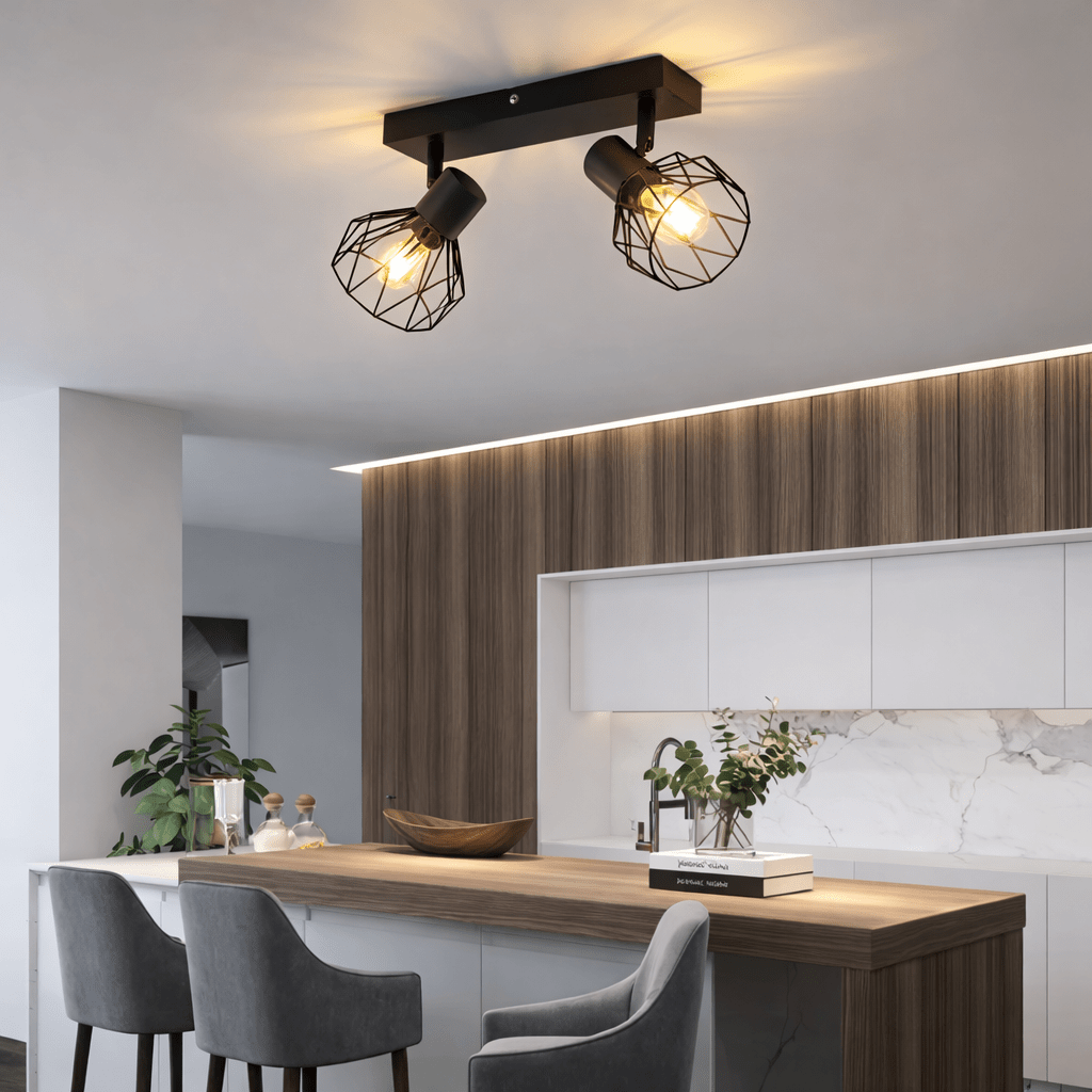 Modern Industrial 2 - Head Adjustable Ceiling Light – Black Metal Cage Design (E14 Socket) - Glowonlite - Glowonlite