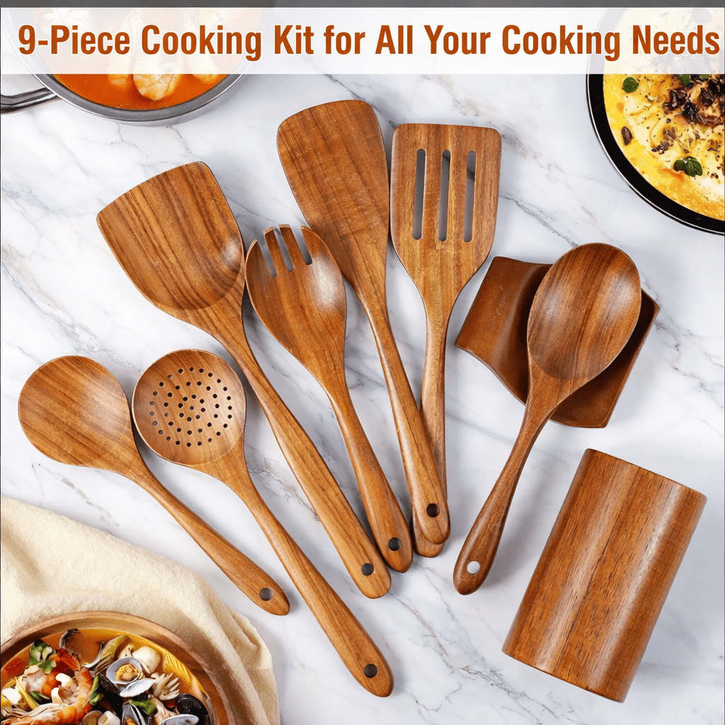 Premium Wooden Kitchen Utensil Set (9 - Piece) - Glowonlite - Glowonlite