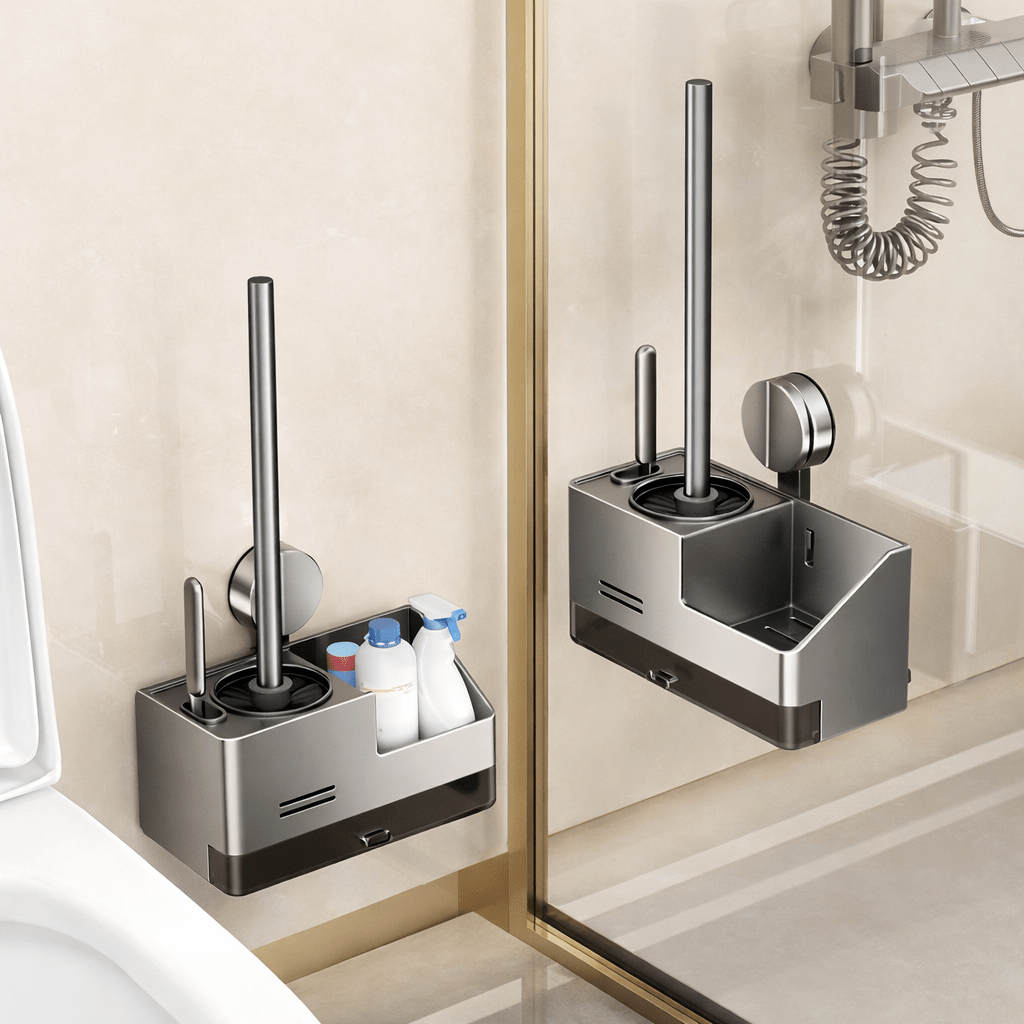 Wall - Mounted Stainless Steel Toilet Brush & Cleaning Organizer Set - Glowonlite - Glowonlite